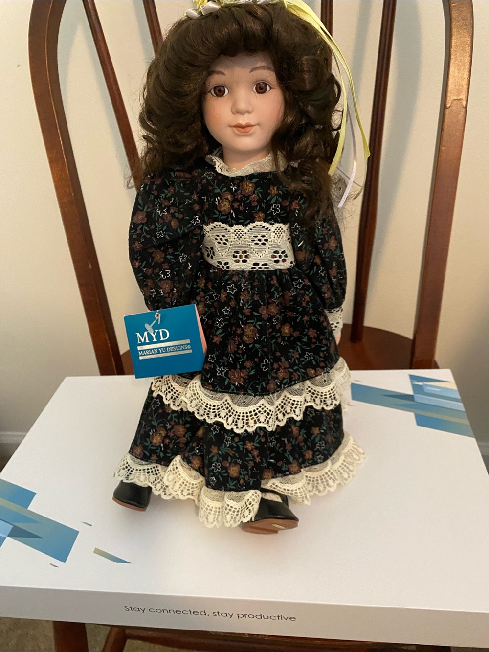 Marian Yu Designs Porcelain Doll in Black Floral Dress with Cream Lace